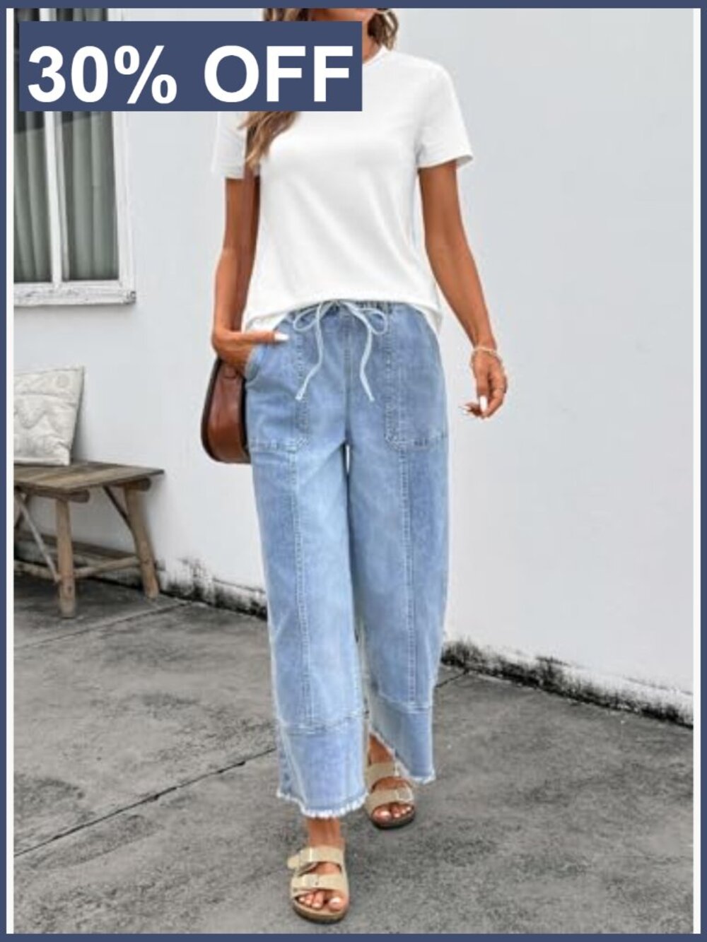High Waisted Wide Leg Baggy Jeans with Drawstring Stretchy Denim Pants - Picture 3 of 7